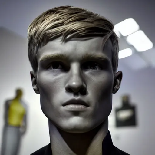 Image similar to a realistic detailed photo of a guy who is an attractive humanoid who is half robot and half humanoid, who is a male android, soccer player martin ødegaard, shiny skin, posing like a statue, blank stare, at the museum, on display