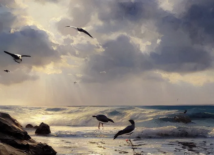 Prompt: oil painting of medieval seabirds roaming the ocean in dawn by anders zorn, wonderful art by greg rutkowski, incredible lighting, shadows, beautiful cinematic light, american romanticism by greg manchess, tall rocky mountains and storm clouds, sun rays, sunshine, bright sunny summer day, tall backlit waves, wild water, reflections