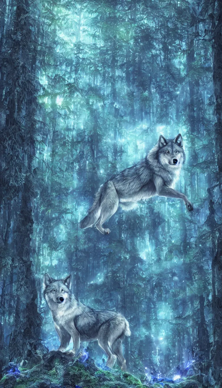 Prompt: humanoid wolf in an enchanted forest with a blue hue and blue fireflie and a waterfall in the distance that magically glows blue, insanely detailed