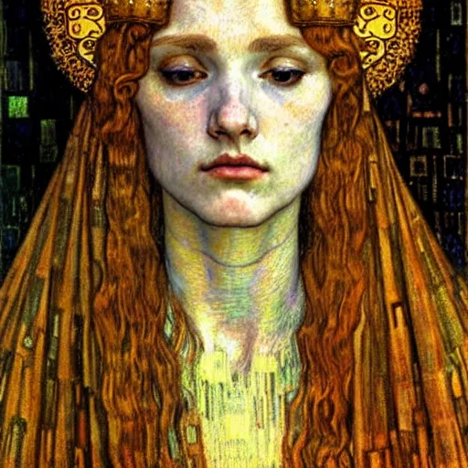 Prompt: detailed realistic beautiful young medieval queen face portrait by jean delville, gustav klimt and vincent van gogh, art nouveau, symbolist, visionary, gothic, pre - raphaelite, beautiful muted earthy colors