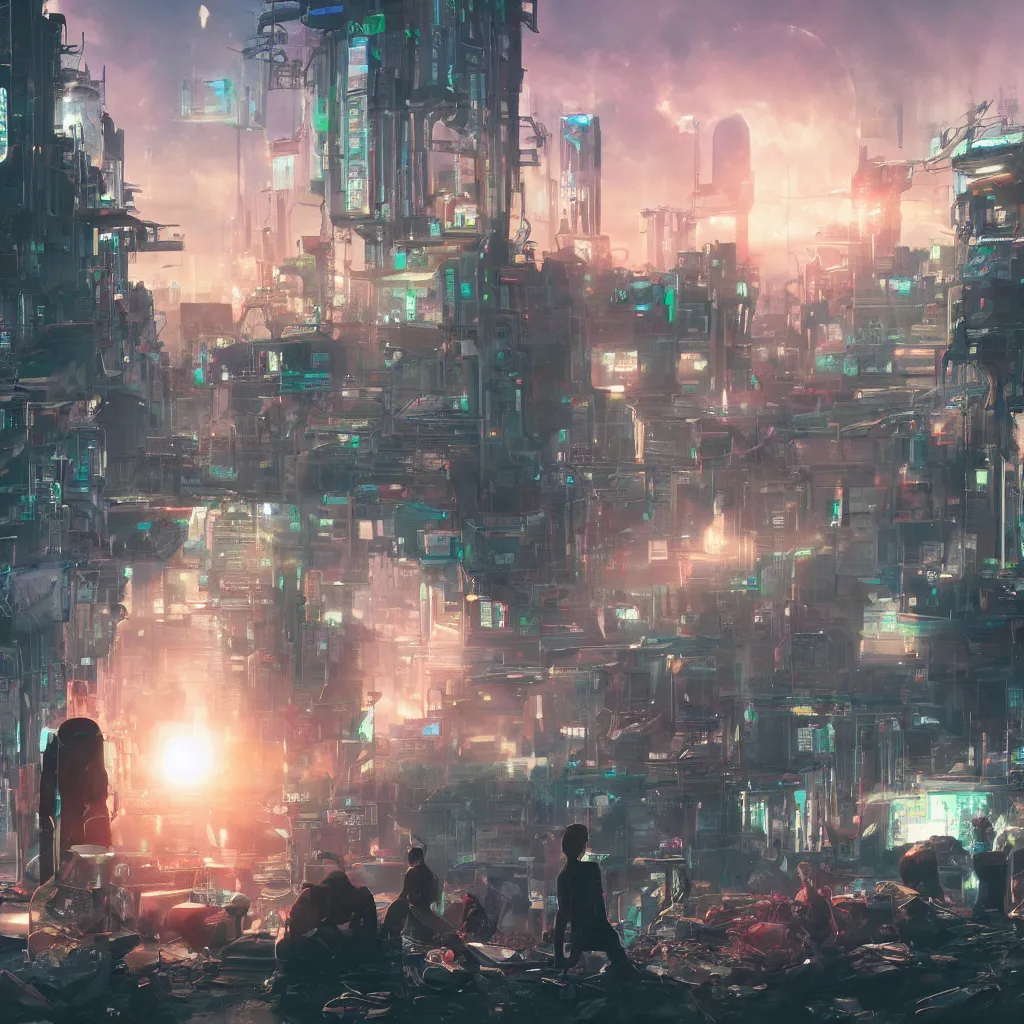 Image similar to a cinematic composition depicting : we're overlooking translucid crystal android being, whos is behind their heads up display viewing out of their window how a high tech lush solarpunk tribe collaborating with their technologic android helpers encroaching a cyberpunk town at sunrise