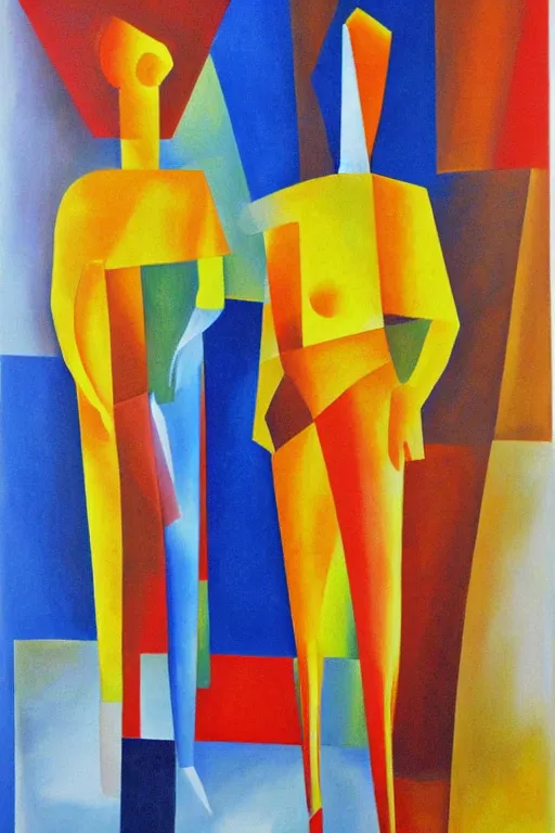 Image similar to neo cubistic painting of two tall figures, very abstract, sandy colors, clear brush strokes, in the style of Jessalyn Brooks