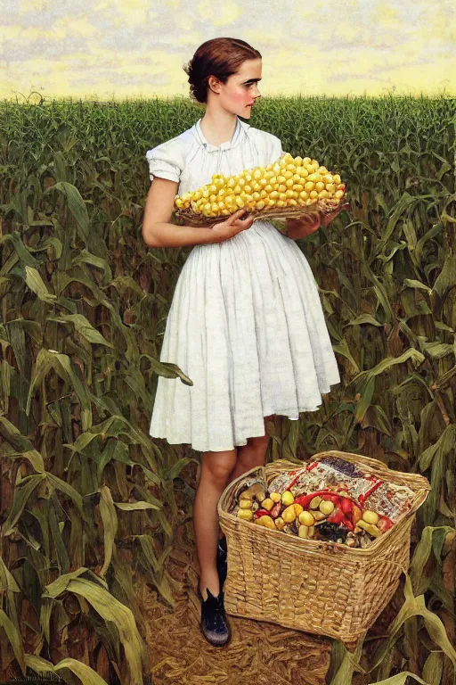 Prompt: photo photorealistic portrait photograph Emma Watson picnic in a corn field 1950s portrait by Norman Rockwell