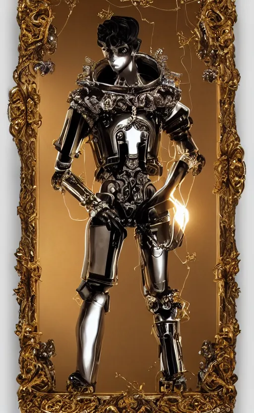 Prompt: baroque and cyberpunk style full-body sculpture of a young seductive Hispanic prince half android with a chest exposing a glowing ruby battery with porcelain arms posed like a model, glowing gold laser eyes, crown of white gears and sparkling diamonds, swirling white-colored silk fabric, robot dinosaurs. geometric elements. reflective surfaces. intricate artwork by caravaggio. art by Artgerm and Alphonse Mucha, Trending on artstation, cinematic industrial lighting, photorealistic, octane render, 8k, depth of field, 3D