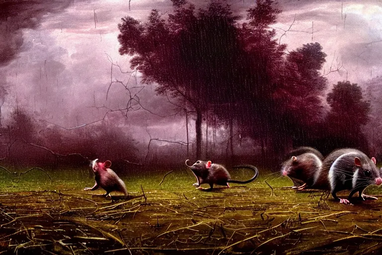 Image similar to a family of rats scurrying across a drenched field in a torrential rainstorm, in the style of andrei tarkovsky, intricate and epic composition, red by caravaggio, insanely quality, highly detailed, masterpiece, purple light, artstation, 4 k