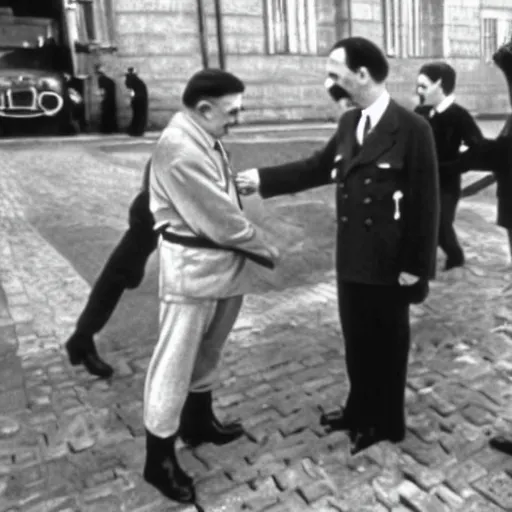 Image similar to A still of Mr Bean shaking hands with Hitler