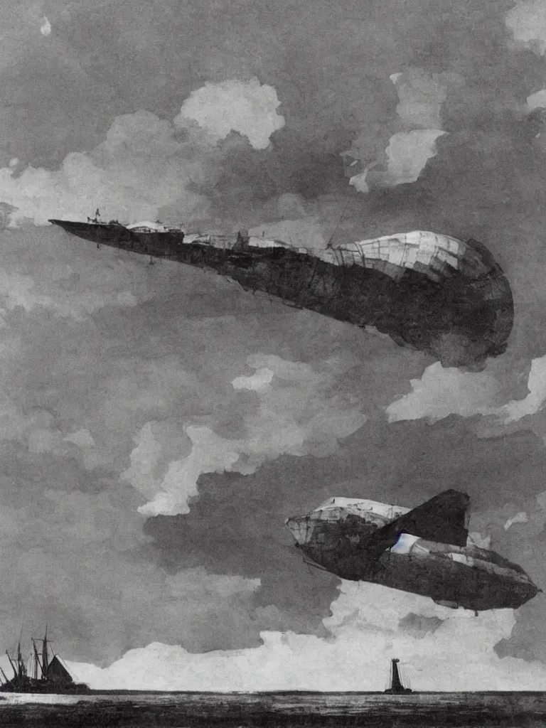 Prompt: a large dieselpunk airship standing over a white church in russia in 1 9 1 0, by winslow homer