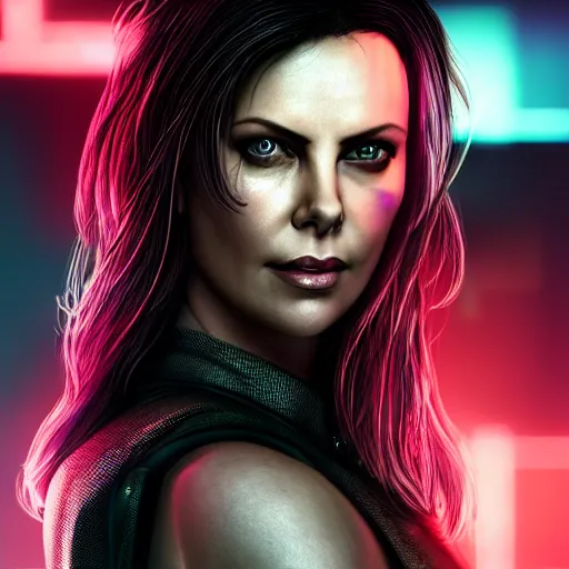 Prompt: charlize theron portrait, cyberpunk 2 0 7 7, cyberpunk judy alvarez, photorealistic, ultra detailed, neon, octane, bokeh, cinematic lighting, cyber, cyberpunk city, studio quality, feature, scars, cyberface, 8 k