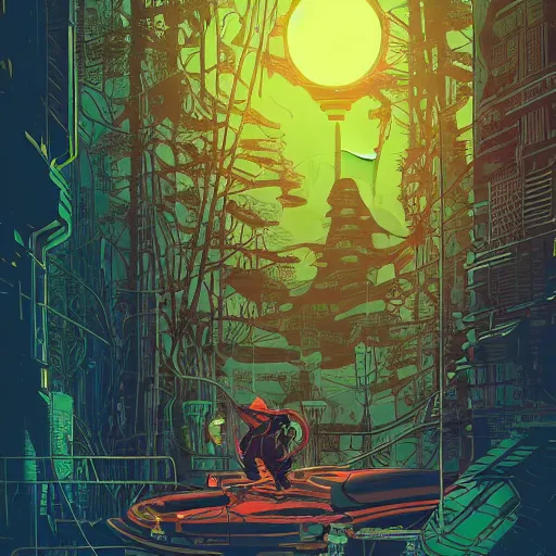 Image similar to Stunningly intricate illustration of single cyberpunk explorer overlooking lush forest, highly detailed, midnight, small glowing orbs by Josan Gonzalez and James Gilleard , Moebius, Laurie Greasley