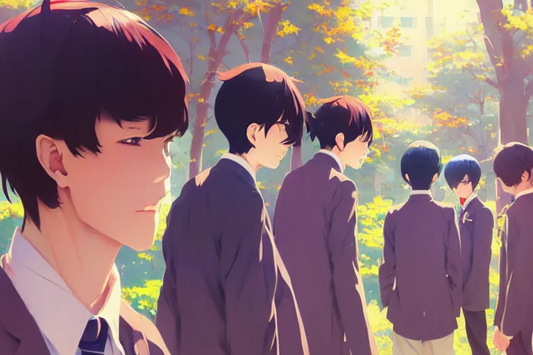 Image similar to boy's love anime high school spring noon scene, high detail concept art, perfect proportions fine face, tall handsome guys, close together romantic undertones, avant designer uniform, vivid colors, realistic shaded lighting poster fantasy art ilya kuvshinov, kyoani, katsuhiro, jeremy lipking and michael germash, makoto shinkai, loish, best selling artist