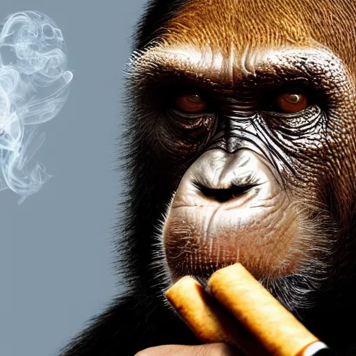 Image similar to a high detail photo of donald trump smoking a cigarrette, subject= chimp, subject detail: extremly detailed, subject action: smoking a cigar, photorealism, dramatic lighting, award winning photograph, trending on artstation