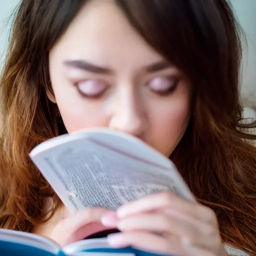 Image similar to a girl reading a book, modelsociety, radiant skin, huge anime eyes, RTX on, perfect face, intricate, Sony a7R IV, symmetric balance, polarizing filter, Photolab, Lightroom, 4K, Dolby Vision, Photography Award