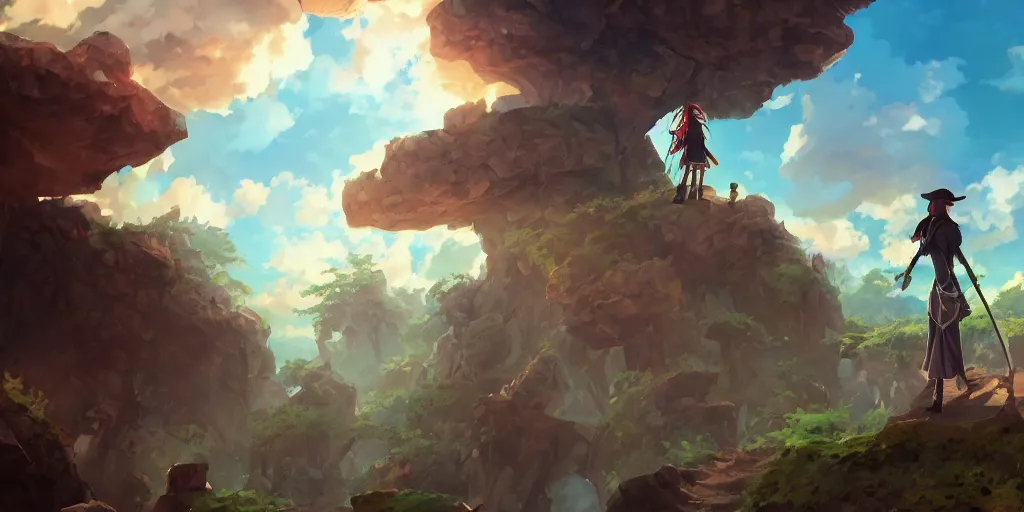 Image similar to isekai masterpiece by mandy jurgens, irina french, rachel walpole, and alyn spiller of an anime woman standing tree log looking up at giant crystals, high noon, cinematic, very warm colors, intense shadows, ominous clouds, anime illustration, anime screenshot composite background