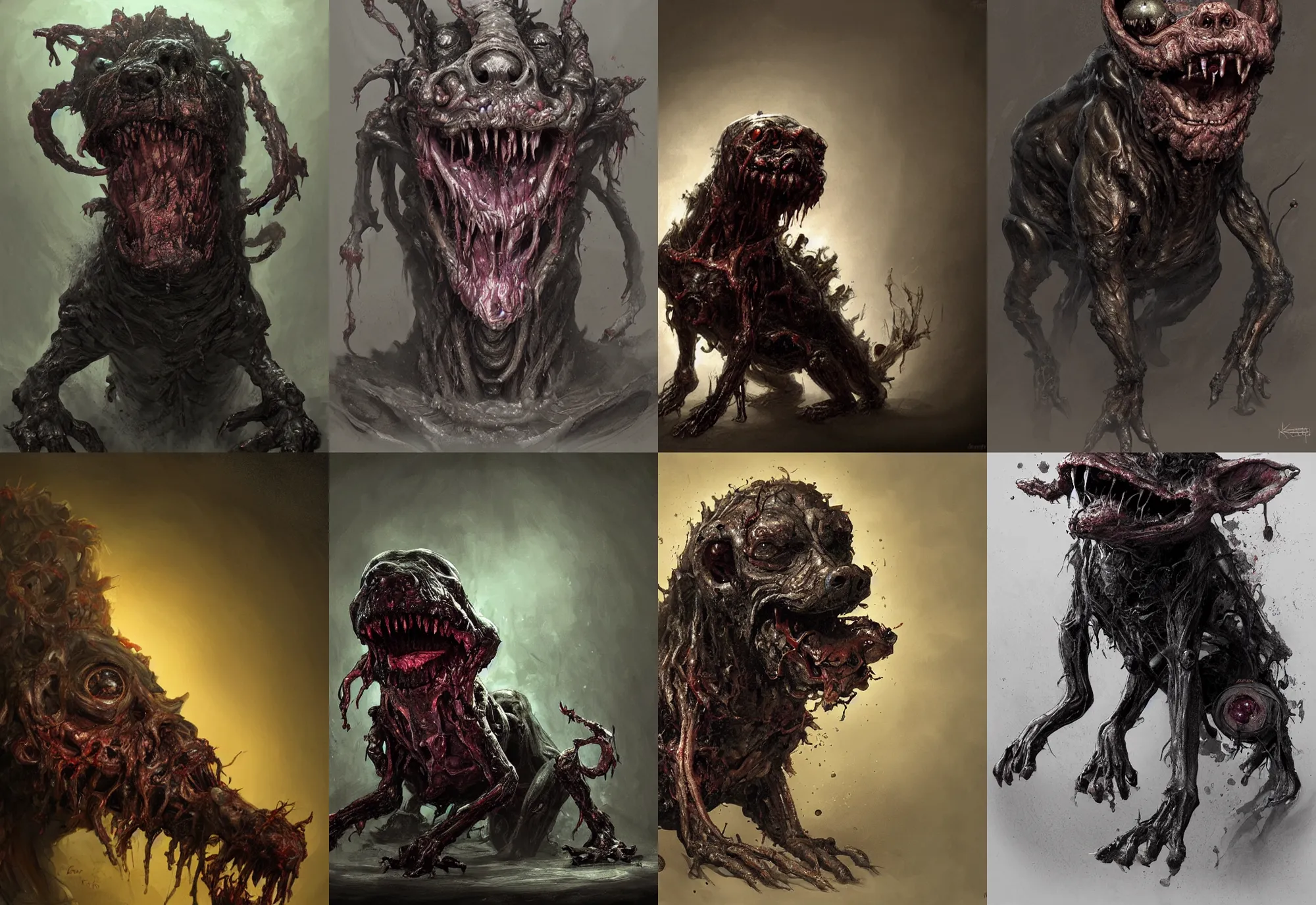 Prompt: a nightmarish slimy monster ( dog ), with black eyes, rotting flesh, exposed bone, by keith thompson, concept art, dramatic lighting, highly detailed digital painting