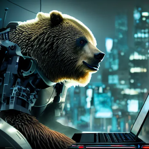 Image similar to a cyborg grizzly bear dj mixing records on stage, photorealistic, highly detailed, illustration, lifelike, highly detailed, intricate, octane render, sharp focus, cyberpunk