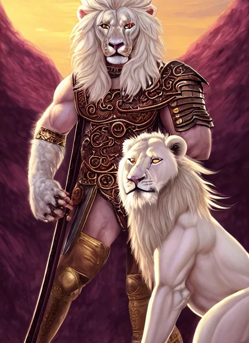 Image similar to aesthetic portrait commission of a of a male fully furry muscular anthro albino lion with a tail and a beautiful attractive hyperdetailed face, wearing ancient roman attractive gladiator outfit while holding a gladiators sword in his hand in a giant roman coliseum at golden hour. Character design by charlie bowater, ross tran, artgerm, and makoto shinkai, detailed, inked, western comic book art, 2021 award winning film poster painting