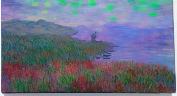 Image similar to lone wolf in the scottish highlands dreamy monet apocalyptic, acrylic painting