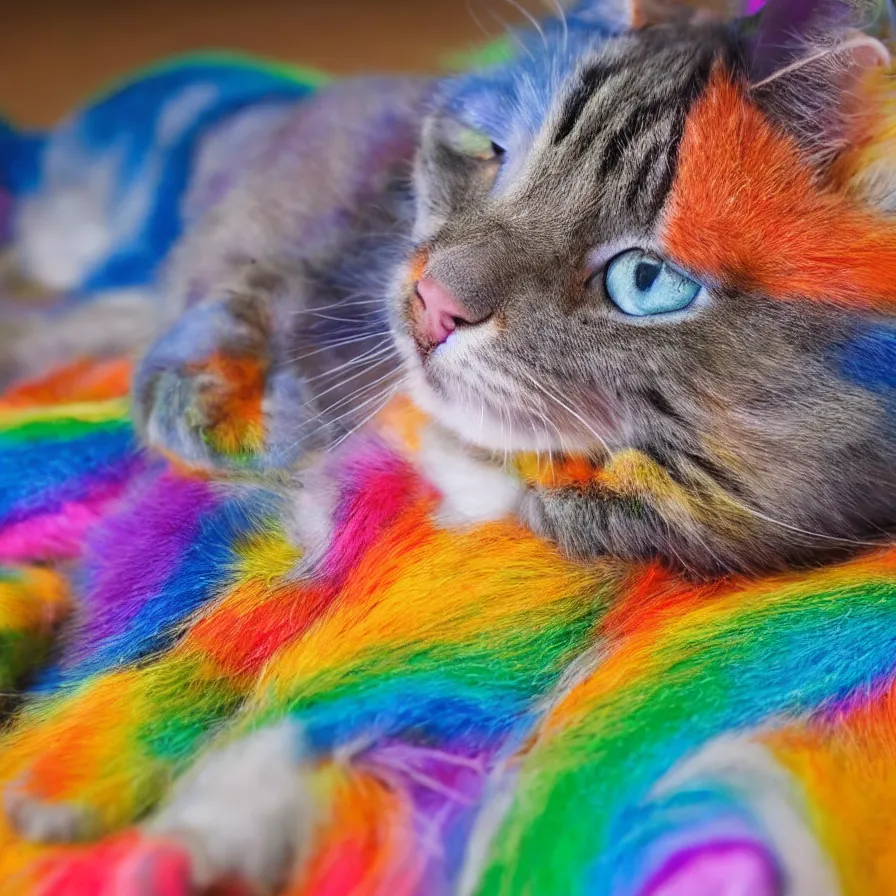 Image similar to a Rainbow cat lying on the floor, ultra realistic, 8K