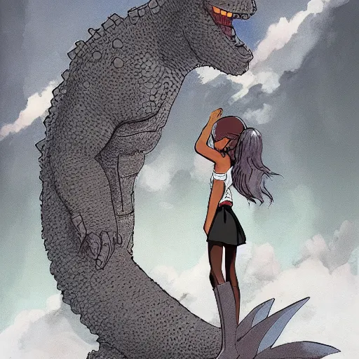 Prompt: Dark skinned girl and Godzilla, Studio Ghibli concept art