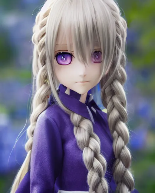 Prompt: extreme long shot 3d render of a blue eyes, blonde long hair, french braids, violet evergarden as an anime doll, blue-white dress, blender, trending on artstation, 8k, highly detailed, bokeh, depth of field