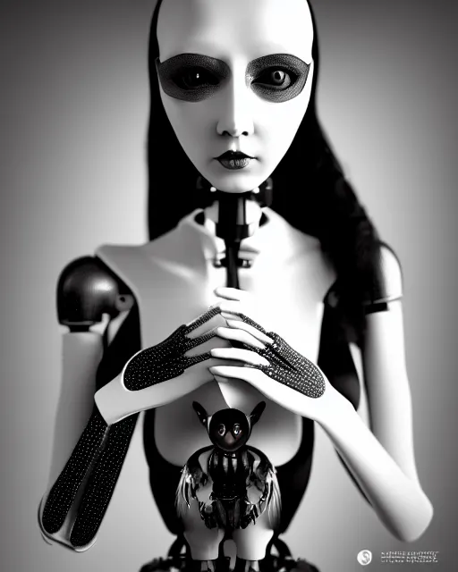 Image similar to surreal mythical dreamy dark artistic black and white fine art 3 / 4 fashion portrait photo of a young beautiful delicate female robot with realistic orchid - owl face, rim light, cinematic, studio dramatic light, poetic, masterpiece, octane render, 8 k, photo - realistic by hg giger and man ray