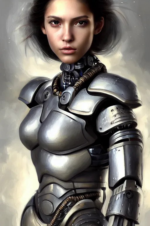 Image similar to a photorealistically painted portrait of an attractive young girl, partially clothed in cybernetic battle armor, with an abstractly painted background, flawless olive skin, fair complexion, long dark hair, beautiful bone structure, perfectly symmetric facial features, perfect photorealistic eyes, natural physique, intricate, elegant, digital painting, concept art, finely detailed, beautifully illustrated, sharp focus, minimal artifacts, volumetric lighting, from Metal Gear, by Ruan Jia and Mandy Jurgens and Artgerm and William-Adolphe Bouguerea, in the style of Greg Rutkowski, trending on Artstation, award winning art