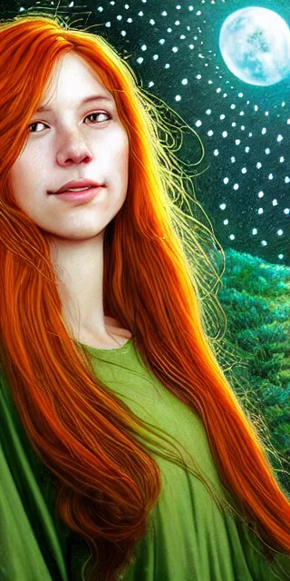 Image similar to infp young woman, smiling amazed, golden fireflies lights, sitting in the midst of nature fully covered, long loose red hair, intricate linework, green eyes, small nose with freckles, oval shape face, realistic, expressive emotions, dramatic lights mystical scene, hyper realistic ultrafine art by michael cheval, jessica rossier, boris vallejo, artgerm