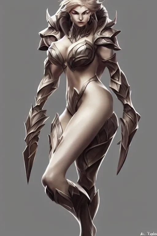 Image similar to photorealistic full body concept art in a neutral front view pose from league of legends, VI concept painting with detailed face by Ami Thompson, sharp focus, studio lighting, white ambient background, highly detailed, masterpiece,