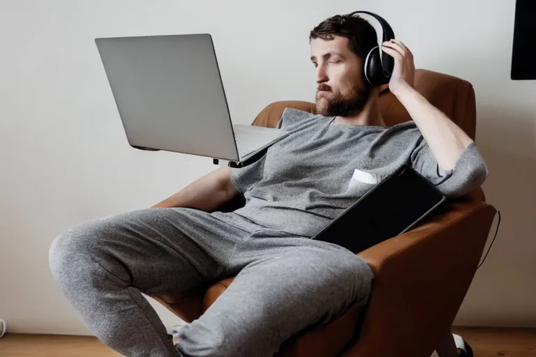 Prompt: a caucasian man who is deep in thought is wearing a white t - shirt and he is wearing black sweat pants and he is wearing headphones and he has a laptop computer sitting on his lap and he is sitting in a brown leather chair and the chair is in the reclining position and the man's legs are resting on the recliner of the chair