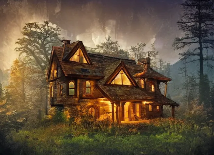 Prompt: cosy house in a clearing in the forest, mountains in the background, beautifully lit, retro science fiction vintage art, steampunk