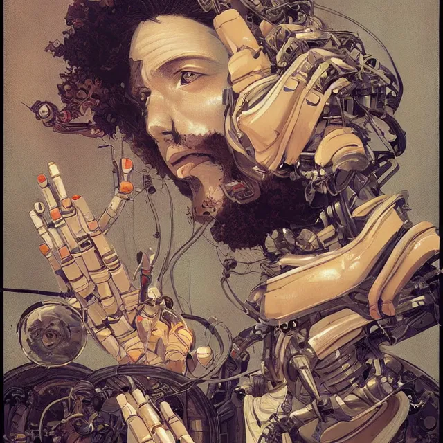 Prompt: robot artist painting a self - portrait on a canvas. intricate, highly detailed, digital matte painting, in the style of alexandros pyromallis, and in the style of sachin teng, and in the style of hans thoma, and in the style of gerald brom. irony, recursion, inspiration.