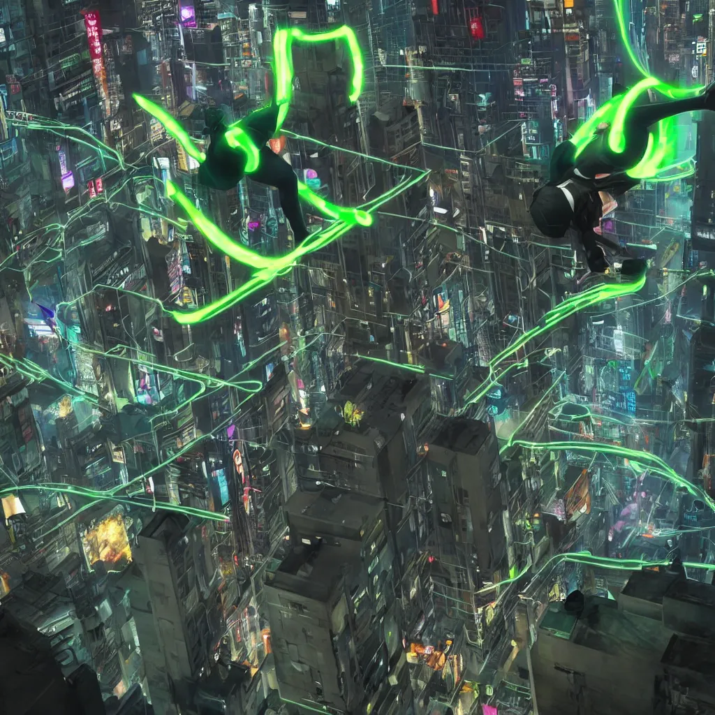 Prompt: green ctv footage of a cyborg ninja doing parkour in cyberpunk city with neon lights tron