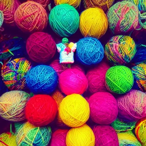 Image similar to getting lost in a yarn store when you are 1cm tall, yarn balls falling everywhere, beautiful katamari, honey we shrink the kids, bright colourful yarn balls, illustrative style