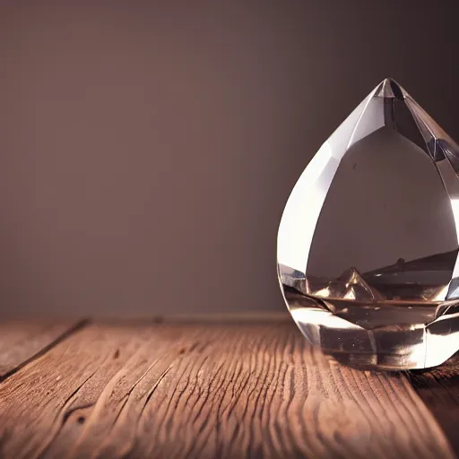 Image similar to award winning photo of a crystal sitting on beautiful wood, volumetric lighting