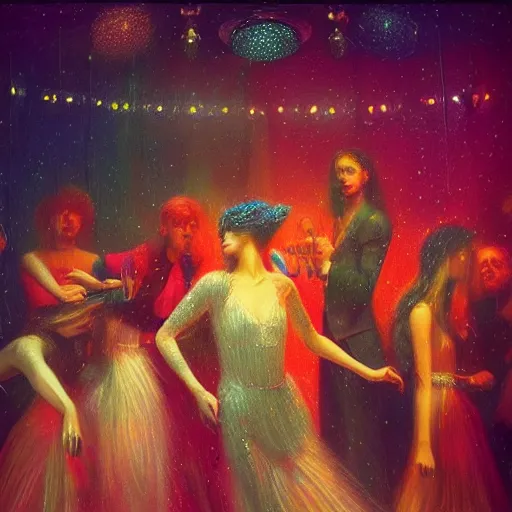 Image similar to young people in a fancy vintage nightclub dancing and drinking, partylights, great colors, by agostino arrivabene, trending on artstation