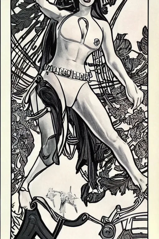 Image similar to female in white bikini with tattoos and stormtrooper helmet, well composed, clean elegant painting, beautiful detailed face. 6 0 s style advertising, comic book art by steve ditko and jack kirby and ( alphonse mucha )