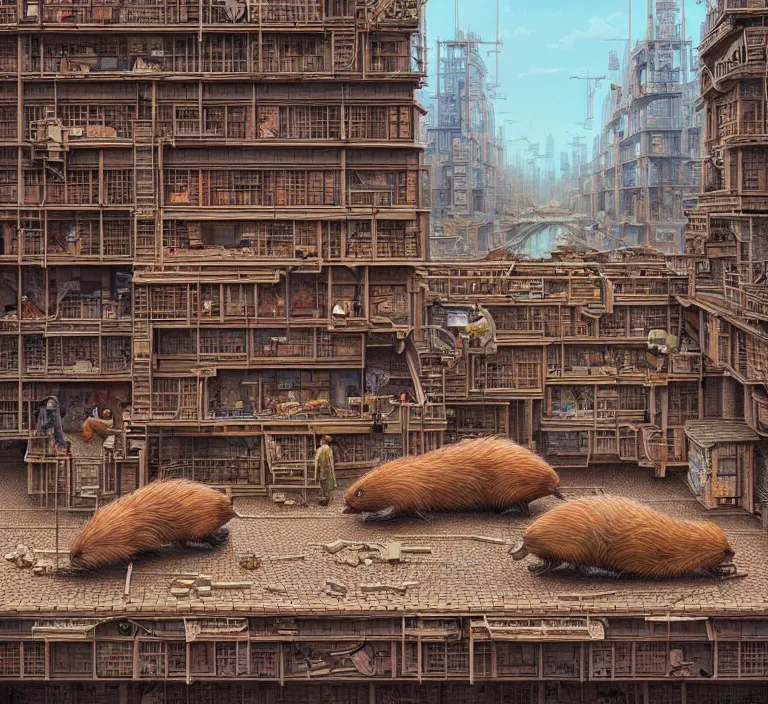 Prompt: hyperrealism photography hyperrealism concept art of highly detailed beavers builders that building highly detailed futuristic city with bricks by wes anderson and hasui kawase and scott listfield sci - fi style hyperrealism