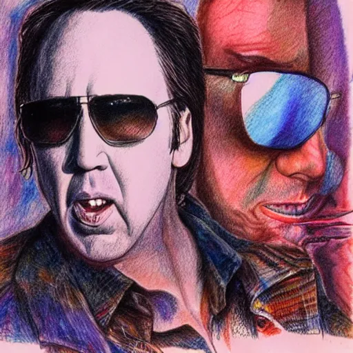 Image similar to Nicholas Cage in Fear and Loathing in Las Vegas, detailed ballpoint drawing with water color background