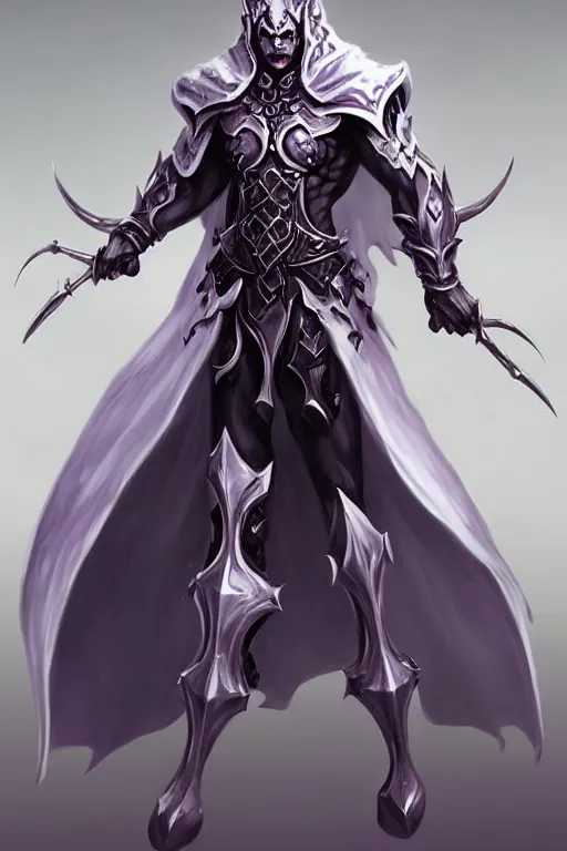 Image similar to human male demon, full body white purple cloak, hero, heavy scale armor, character concept art, costume design, black eyes, white horns, trending on artstation, Artgerm , WLOP