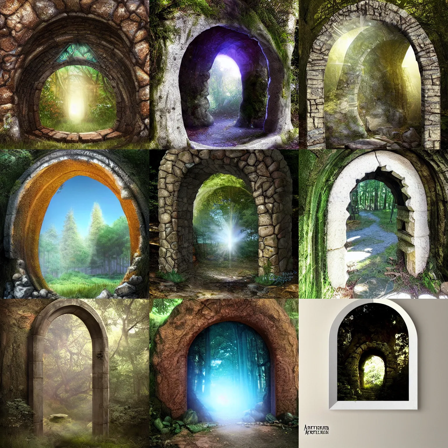 Prompt: Shimmering magic portal inside a stone archway in the forest, Artgerm