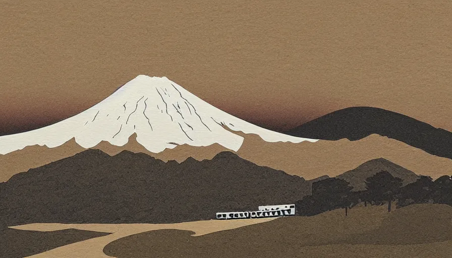 Image similar to award winning graphic design poster, cutouts constructing an contemporary art depicting mount fuji, rural splendor, and bullet train, isolated on white, mixed media painting by jules julien