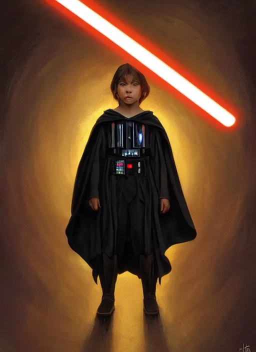 Image similar to perfectly - centered - portrait of a kid wearing black cloak holding light saber, intricate, highly detailed, digital painting, artstation, concept art, smooth, sharp focus, illustration, unreal engine 5, 8 k, art by artgerm and greg rutkowski and alphonse mucha