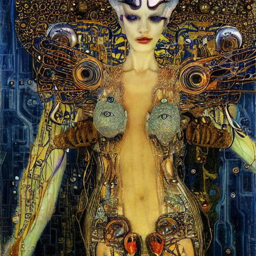 Image similar to winged cybernetic demon trapped in circuitry, intricate detail, klimt, miro, royo, whealan, figure study,