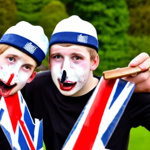 Image similar to mid-shot portrait photograph of two male British chav youths holding knives, with white powder on their faces, wearing the Union Jack, and wearing fez caps, high quality