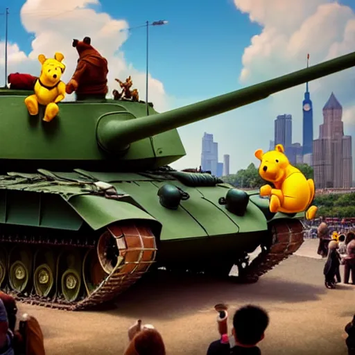 Image similar to winnie the pooh protesters sit down in front of tank at tiananman square, cute and cuddly, highly detailed, photorealistic, octane render, 8 k, unreal engine. art by artgerm and greg rutkowski and alphonse mucha