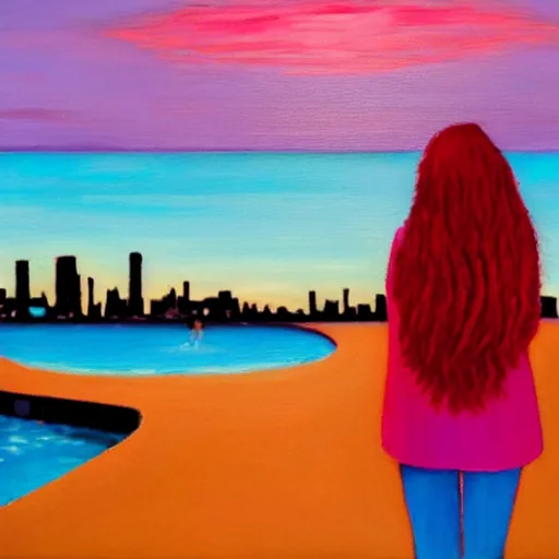 Image similar to lonely young woman with red hair, magenta coat, and light blue pants ; wandering a beach at sunset with a city skyline on the horizon, oil painting, warm lighting, swimming pool in foreground