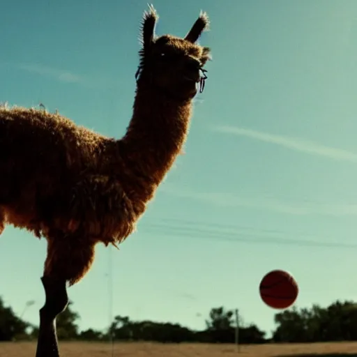 Image similar to film still of a llama dunking a basketball, low angle, extreme long shot, indoors, dramatic backlighting