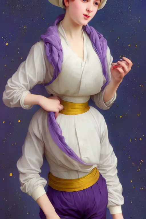 Image similar to Full View girl with short blond hair wearing an oversized purple Beret, Baggy Purple overall shorts, Short Puffy pants made of silk, silk shoes, a big billowy scarf, Golden Ribbon, and white leggings Covered in stars. Short Hair. masterpiece 4k digital illustration by Ruan Jia and Mandy Jurgens and Artgerm and william-adolphe bouguereau, award winning, Artstation, art nouveau aesthetic, Alphonse Mucha background, intricate details, realistic, panoramic view, Hyperdetailed, 8k resolution, intricate art nouveau