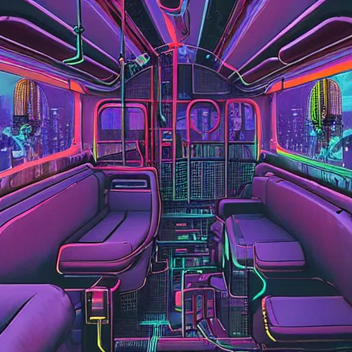 Prompt: an interdimensional travelling bus, cyberpunk aesthetic, abstract, highly - detailed