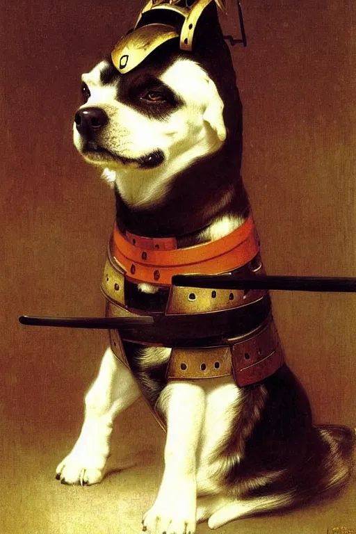 Prompt: portrait of a dog samurai, wearing samurai armor and helmet, majestic, solemn, by bouguereau